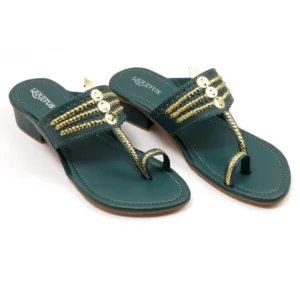 Liquitus Handcrafted Bottle Green Heeled Kolhapuri Sandals