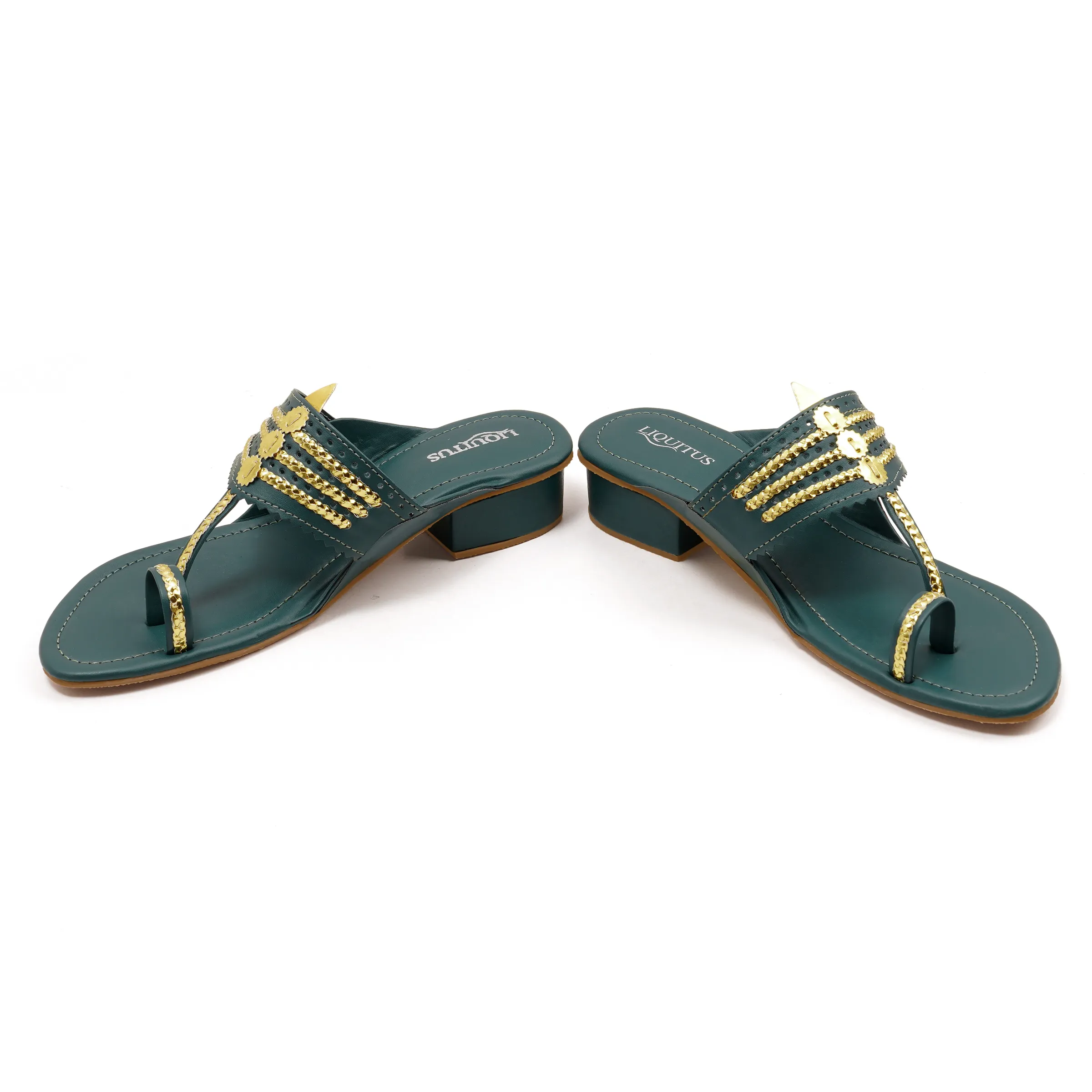 Liquitus Handcrafted Bottle Green Heeled Kolhapuri Sandals