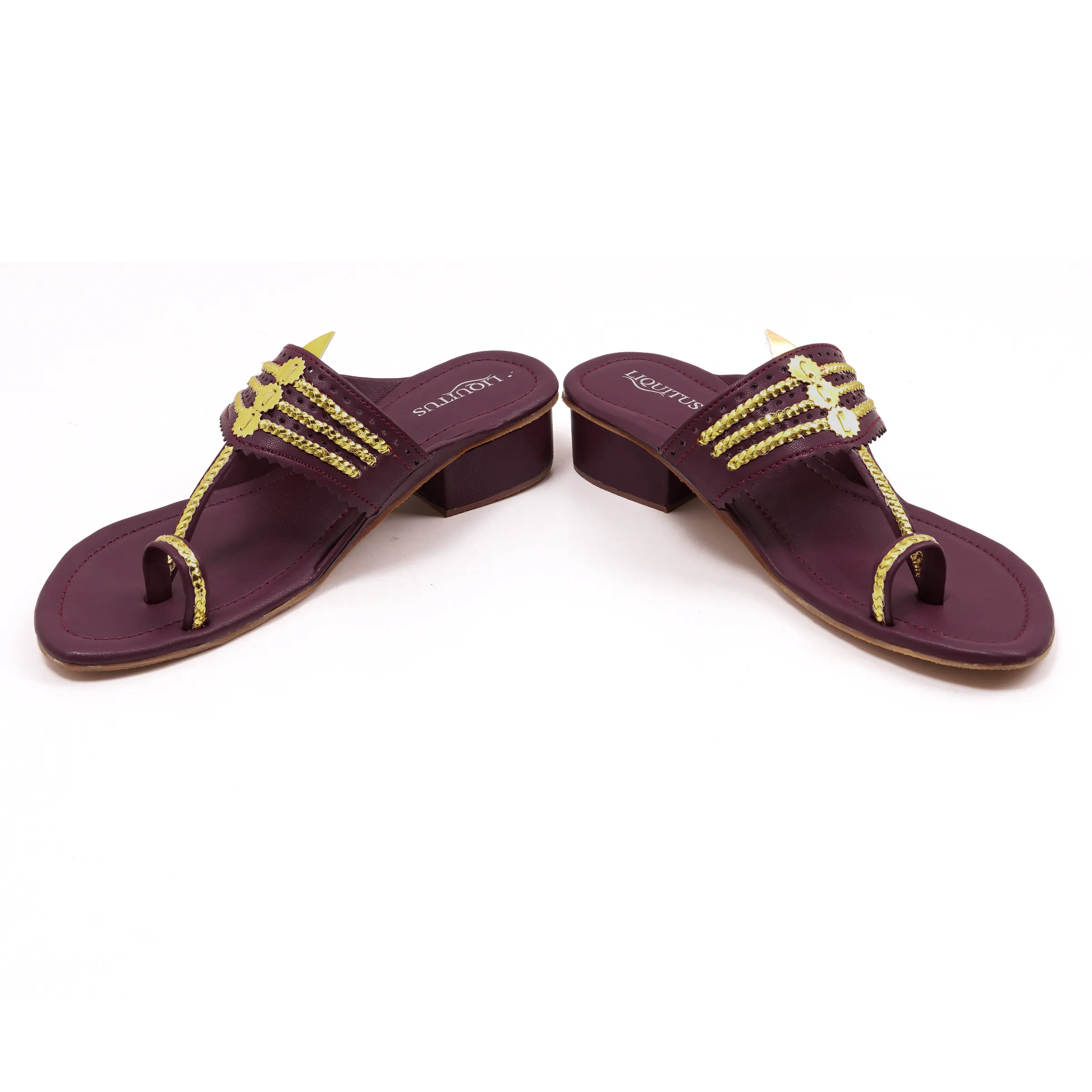 Wine Heeled Kolhapuri Sandals for Women with Gold Embellishment