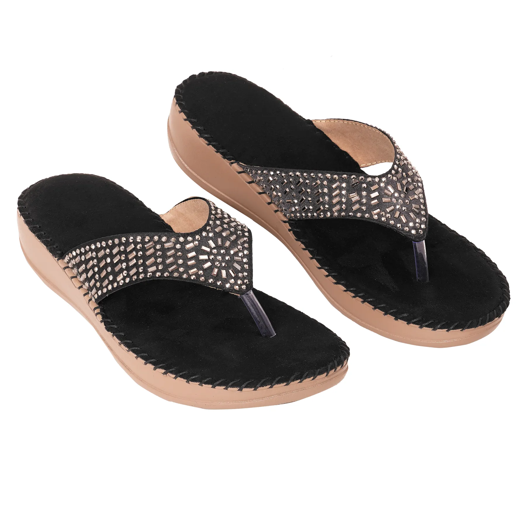 Liquitus OrthoCloud Support Hand Stiched Black Luxe Comfort Noir Diamond Therapy Midnight Wellness Wedge Orthopaedic Flip Flop