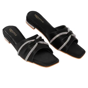 Liquitus Crystal Knot Black Twisted Elegance Noir Knotted Grace Black Onyx Bow Slide Sandal
