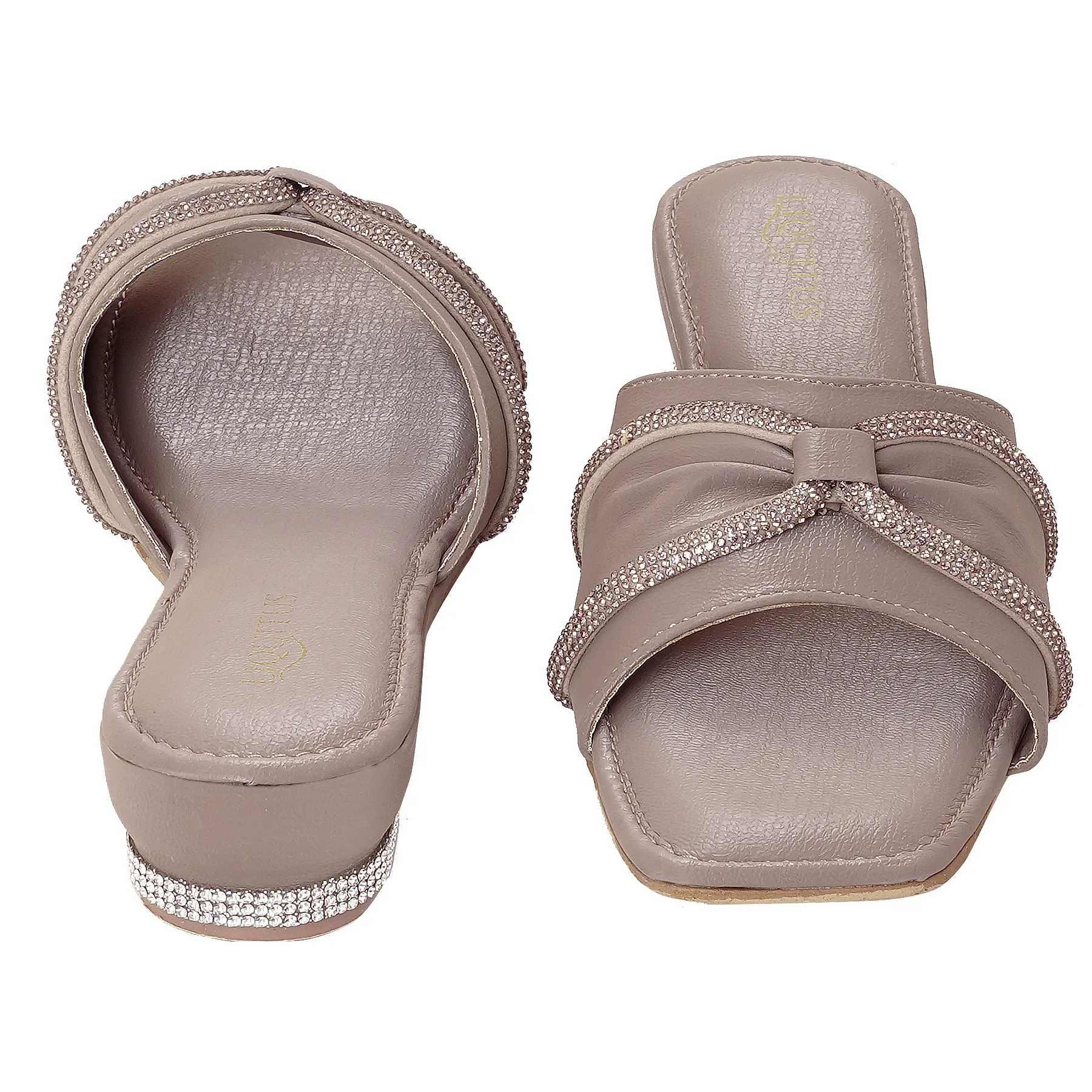 Liquitus Crystal Knot brown beige Twisted Elegance Chikoo Knotted Grace Caramel Warm Taupe Bow Slide Sandal