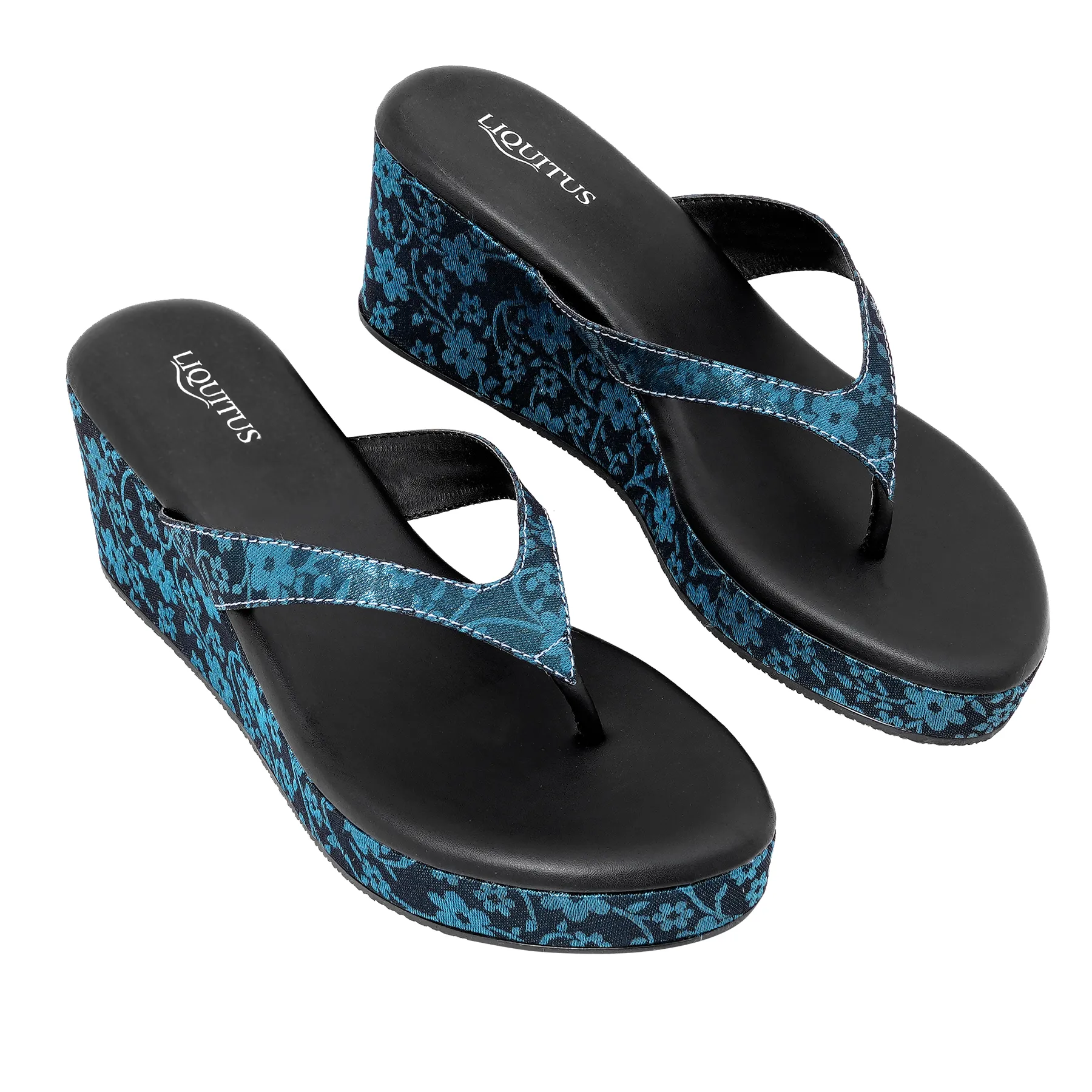 Festive Brocade Wedges for Women | Comfortable Slip-On Platform Sandals for Casual & Ethnic Wear - Blue