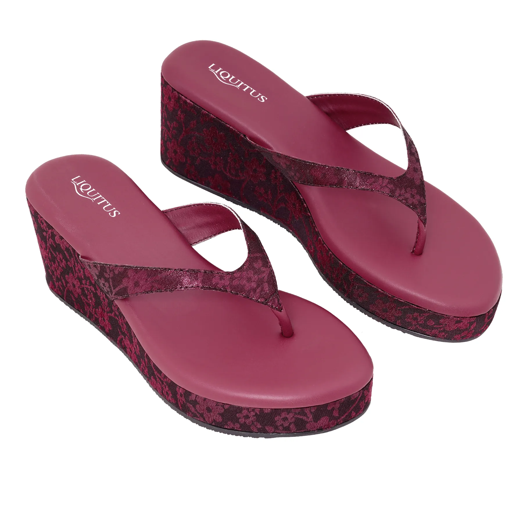 Festive Brocade Wedges for Women | Comfortable Slip-On Platform Sandals for Casual & Ethnic Wear- Maroon