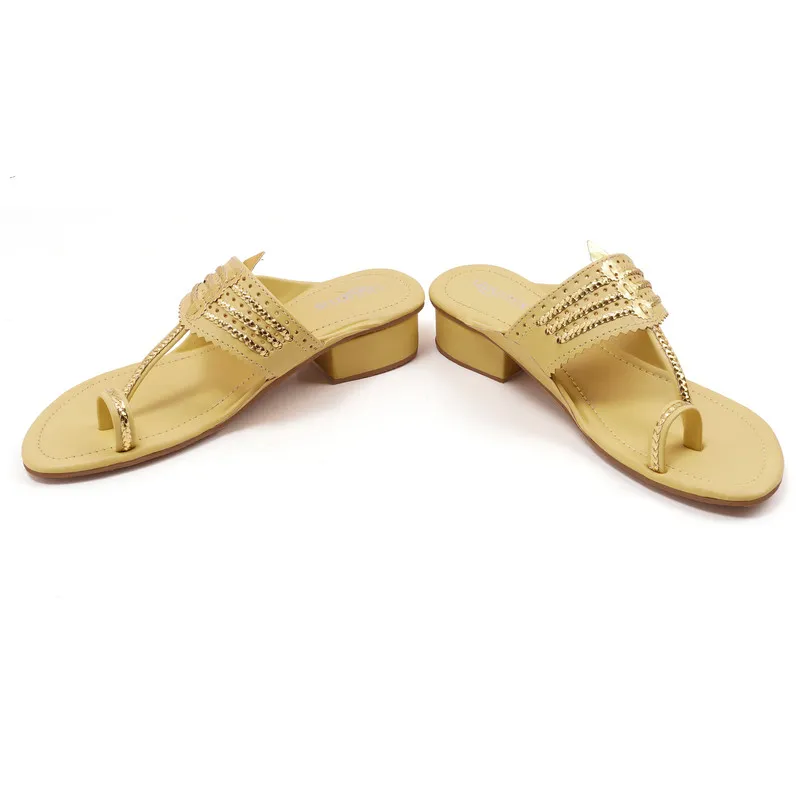Liquitus Lemon Yellow Handcrafted Block Heel Kolhapuri Sandals with Gold Work - Image 6