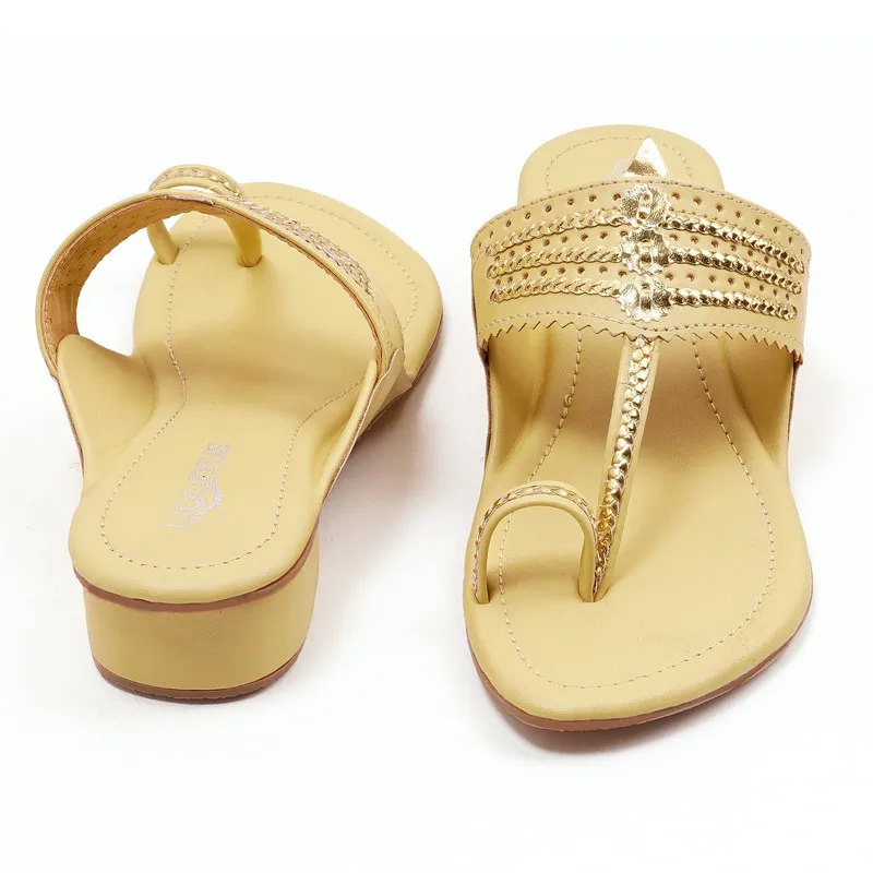 Liquitus Lemon Yellow Handcrafted Block Heel Kolhapuri Sandals with Gold Work - Image 4