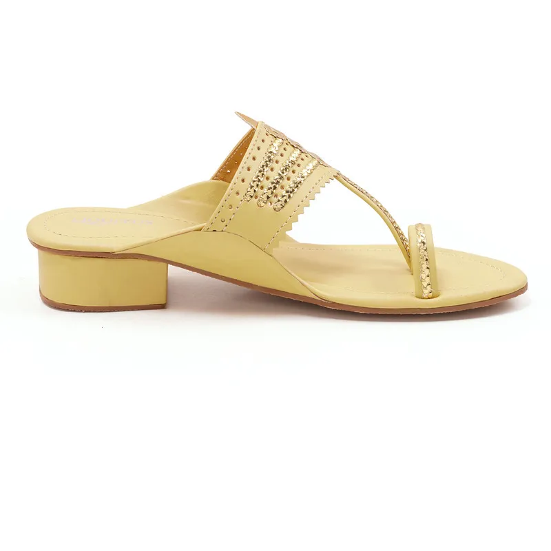 Liquitus Lemon Yellow Handcrafted Block Heel Kolhapuri Sandals with Gold Work - Image 2