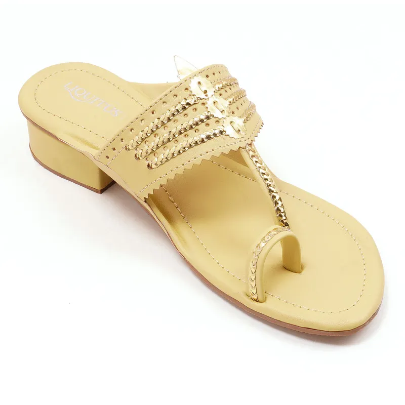 Liquitus Lemon Yellow Handcrafted Block Heel Kolhapuri Sandals with Gold Work - Image 3