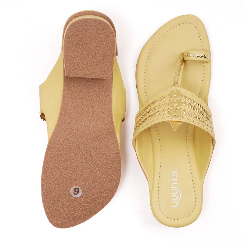 Liquitus Lemon Yellow Handcrafted Block Heel Kolhapuri Sandals with Gold Work - Image 5