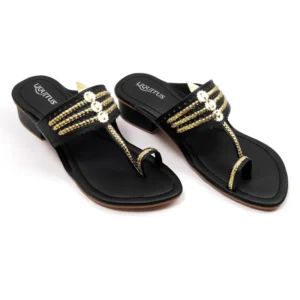 Liquitus Jet Black Handcrafted Block Heel Kolhapuri Sandals with Gold Work
