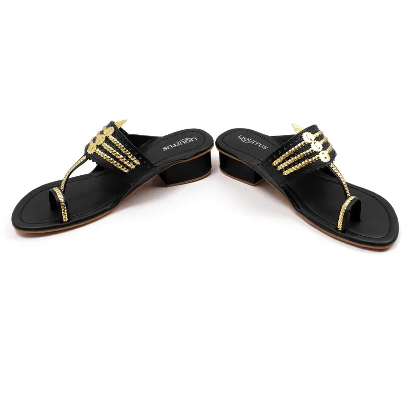 Liquitus Jet Black Handcrafted Block Heel Kolhapuri Sandals with Gold Work - Image 6