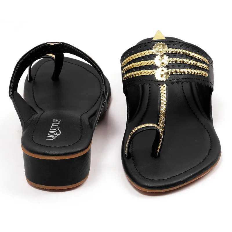 Liquitus Jet Black Handcrafted Block Heel Kolhapuri Sandals with Gold Work - Image 4