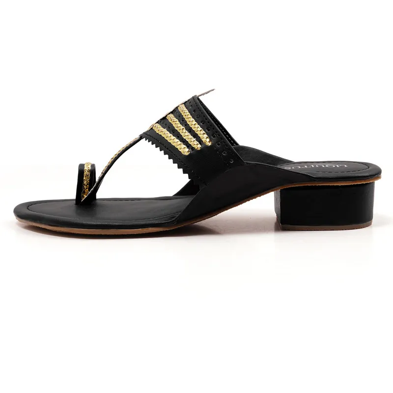 Liquitus Jet Black Handcrafted Block Heel Kolhapuri Sandals with Gold Work - Image 2