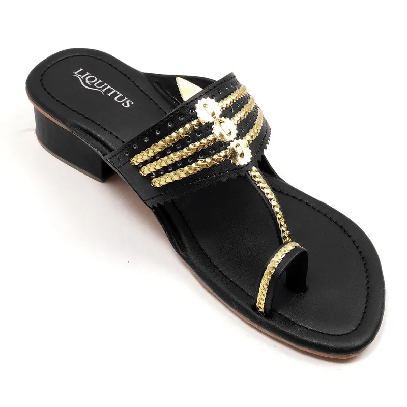 Liquitus Jet Black Handcrafted Block Heel Kolhapuri Sandals with Gold Work - Image 3