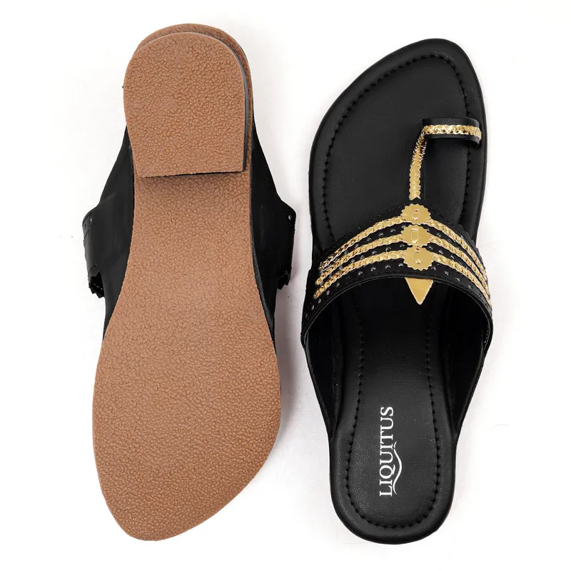 Liquitus Jet Black Handcrafted Block Heel Kolhapuri Sandals with Gold Work - Image 5