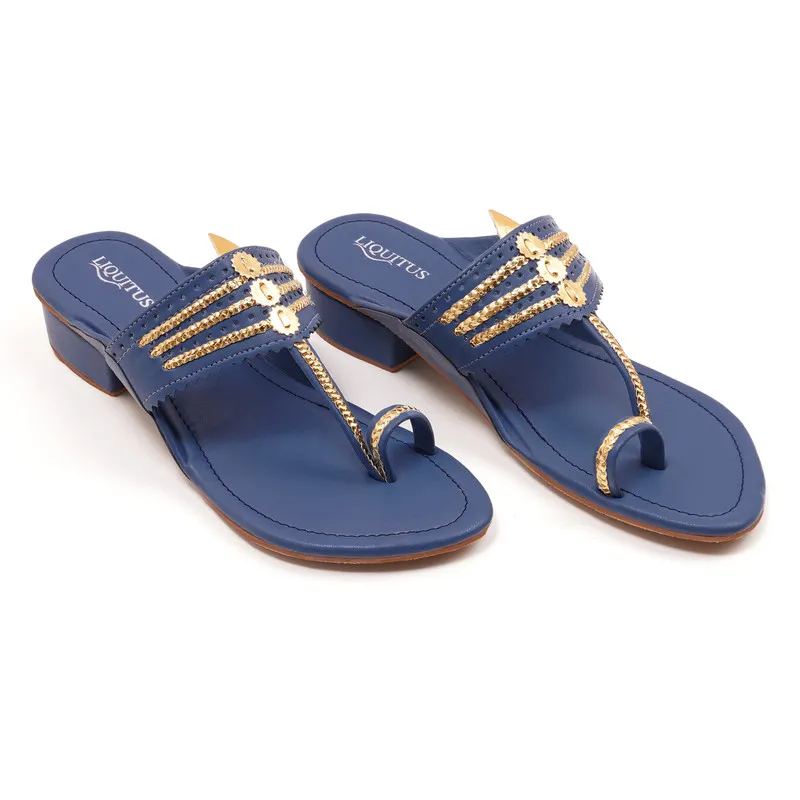 Liquitus Royal Blue Handcrafted Block Heel Kolhapuri Sandals with Gold Work