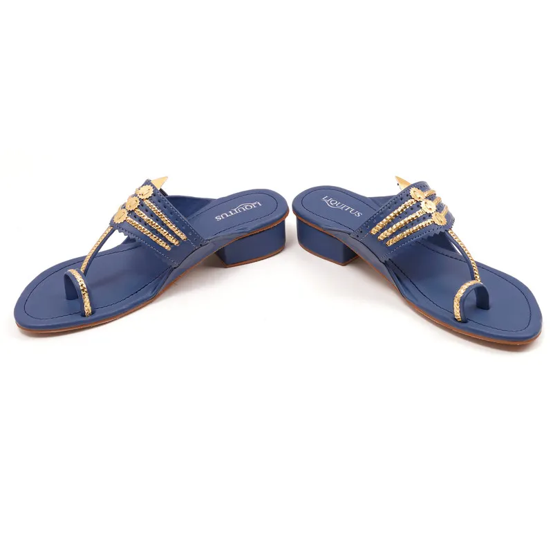 Liquitus Royal Blue Handcrafted Block Heel Kolhapuri Sandals with Gold Work - Image 6