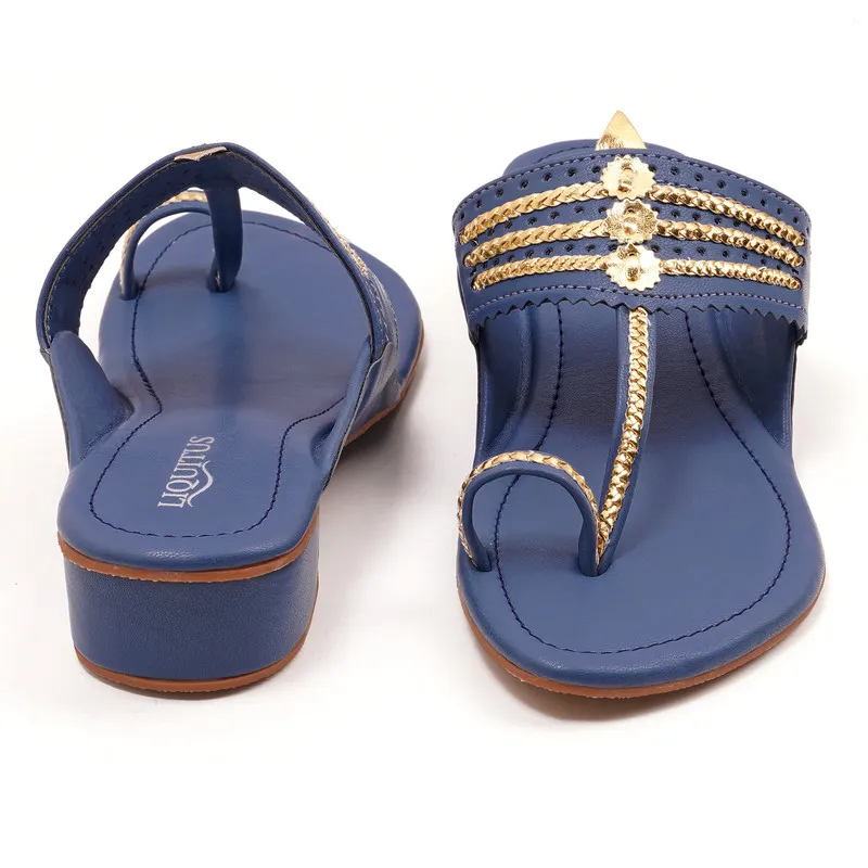 Liquitus Royal Blue Handcrafted Block Heel Kolhapuri Sandals with Gold Work - Image 4