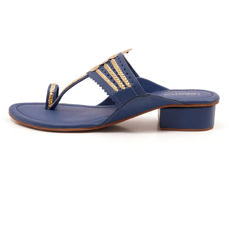 Liquitus Royal Blue Handcrafted Block Heel Kolhapuri Sandals with Gold Work - Image 2