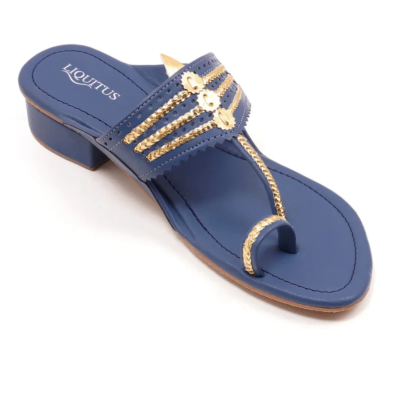 Liquitus Royal Blue Handcrafted Block Heel Kolhapuri Sandals with Gold Work - Image 3