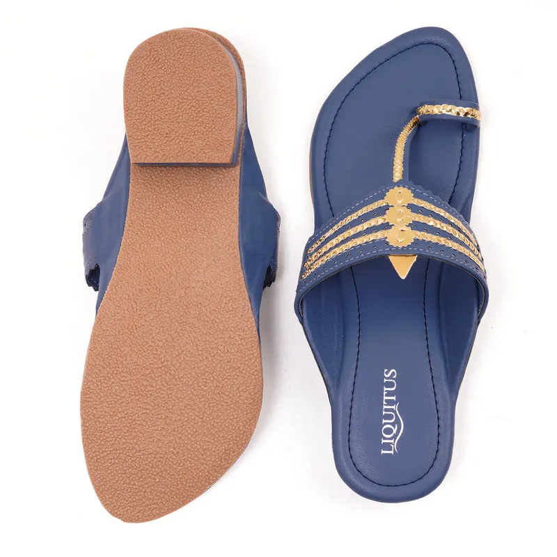 Liquitus Royal Blue Handcrafted Block Heel Kolhapuri Sandals with Gold Work - Image 5