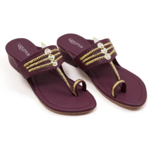 Liquitus Wine Handcrafted Block Heel Kolhapuri Sandals with Gold Work