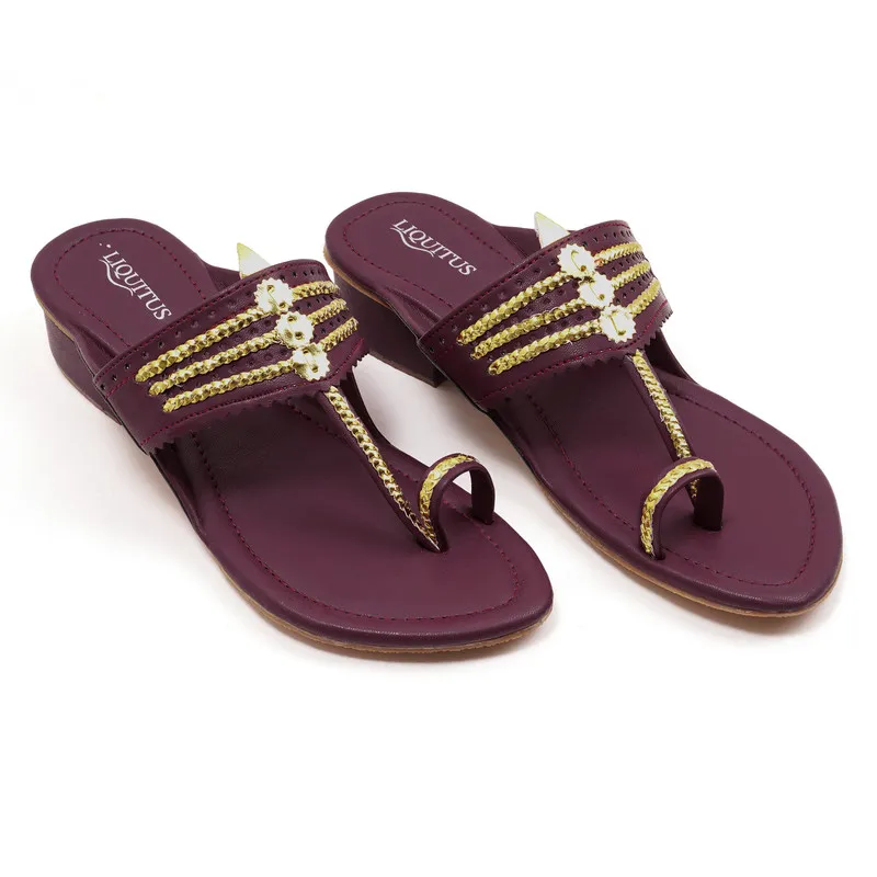 Liquitus Wine Handcrafted Block Heel Kolhapuri Sandals with Gold Work