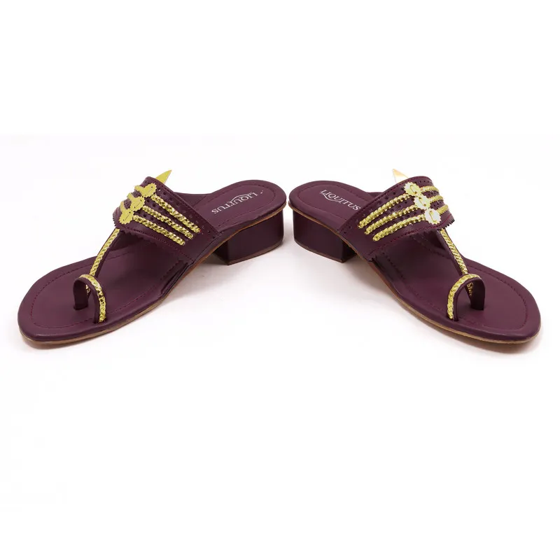 Liquitus Wine Handcrafted Block Heel Kolhapuri Sandals with Gold Work - Image 6