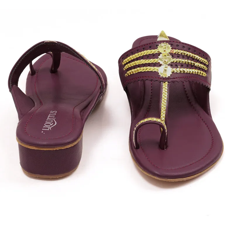 Liquitus Wine Handcrafted Block Heel Kolhapuri Sandals with Gold Work - Image 4