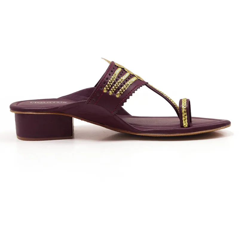 Liquitus Wine Handcrafted Block Heel Kolhapuri Sandals with Gold Work - Image 2