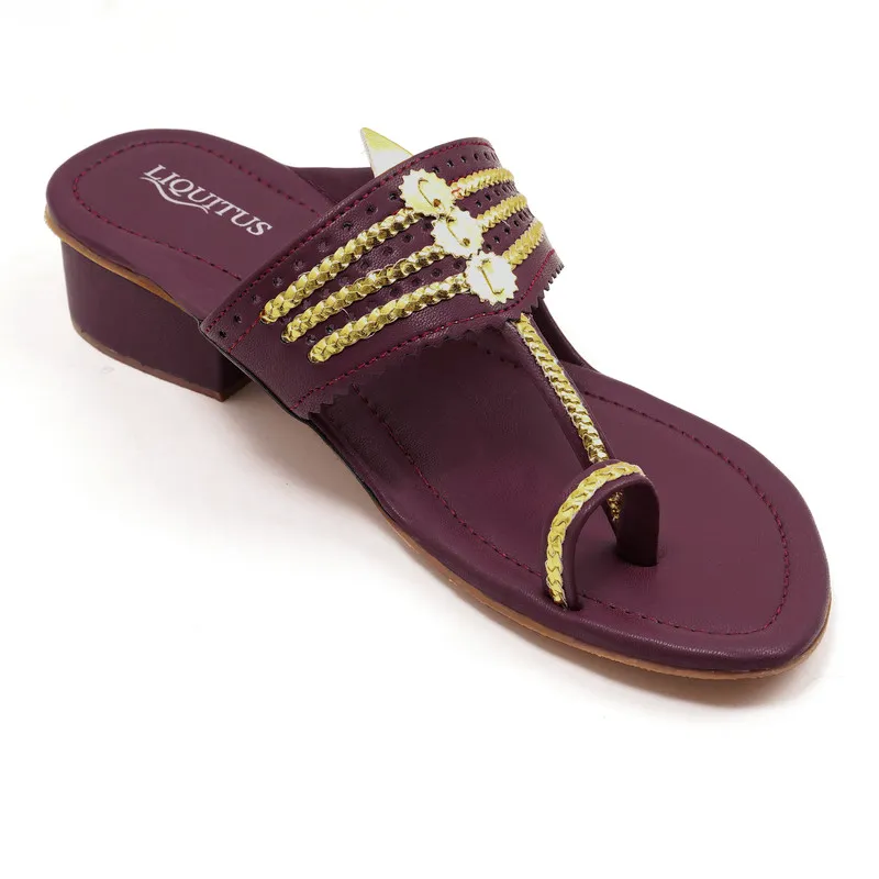 Liquitus Wine Handcrafted Block Heel Kolhapuri Sandals with Gold Work - Image 3