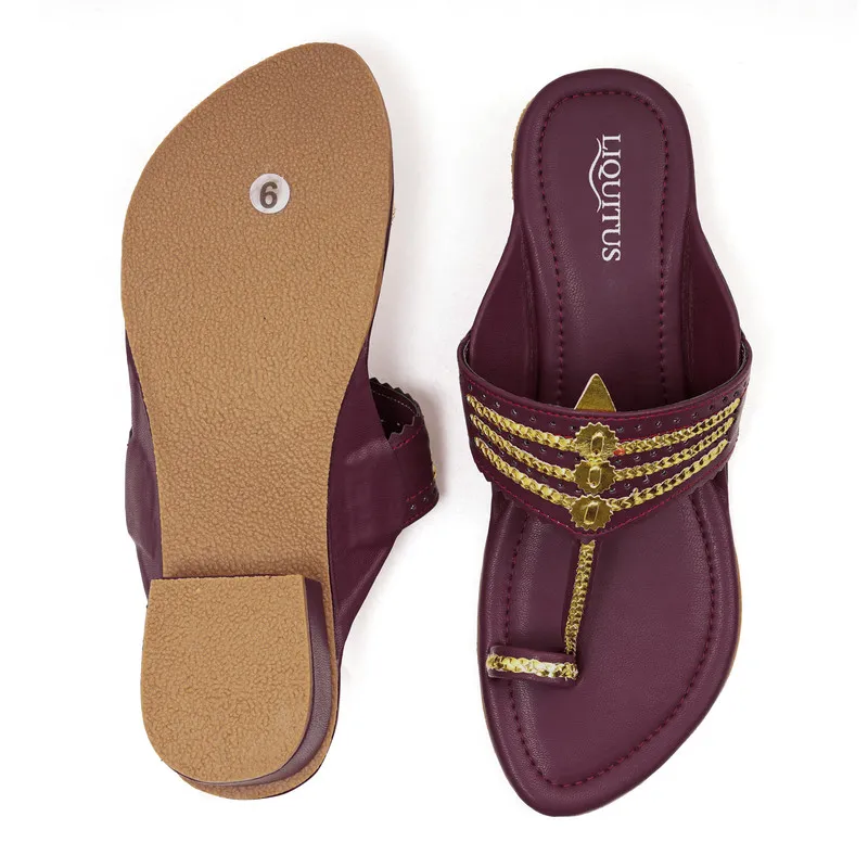 Liquitus Wine Handcrafted Block Heel Kolhapuri Sandals with Gold Work - Image 5
